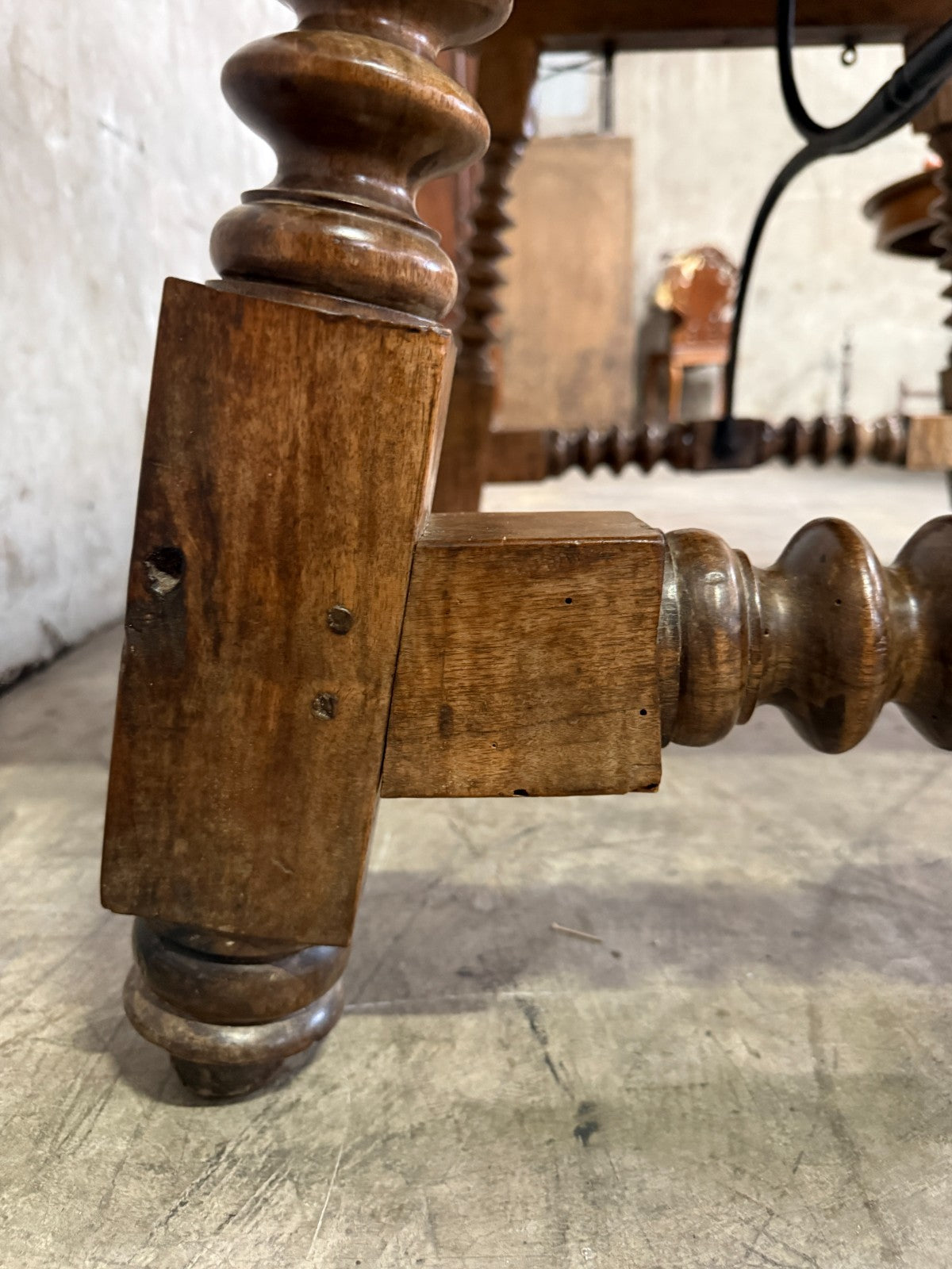 19th Century Spanish Walnut Center Table with Iron Stretcher Support Turned Legs