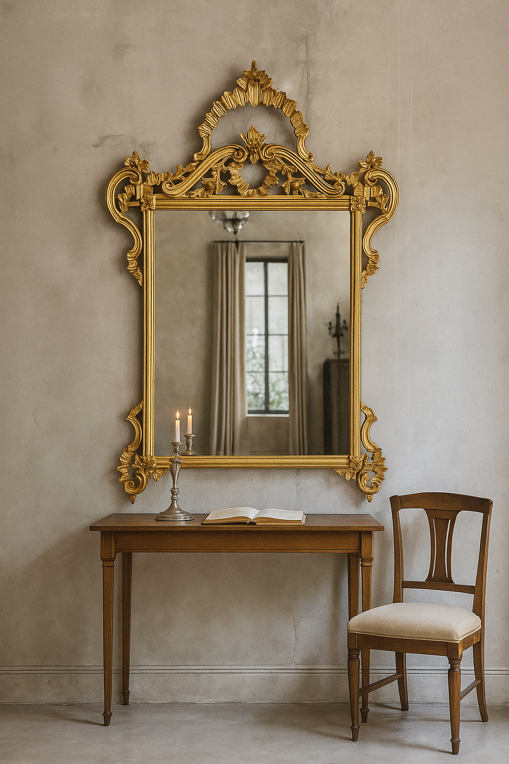 Vintage Italian Rococo Giltwood Wall Mirror, 1950s–70s – Ornate Carved Gold Leaf Frame, 35.5"W x 58"H