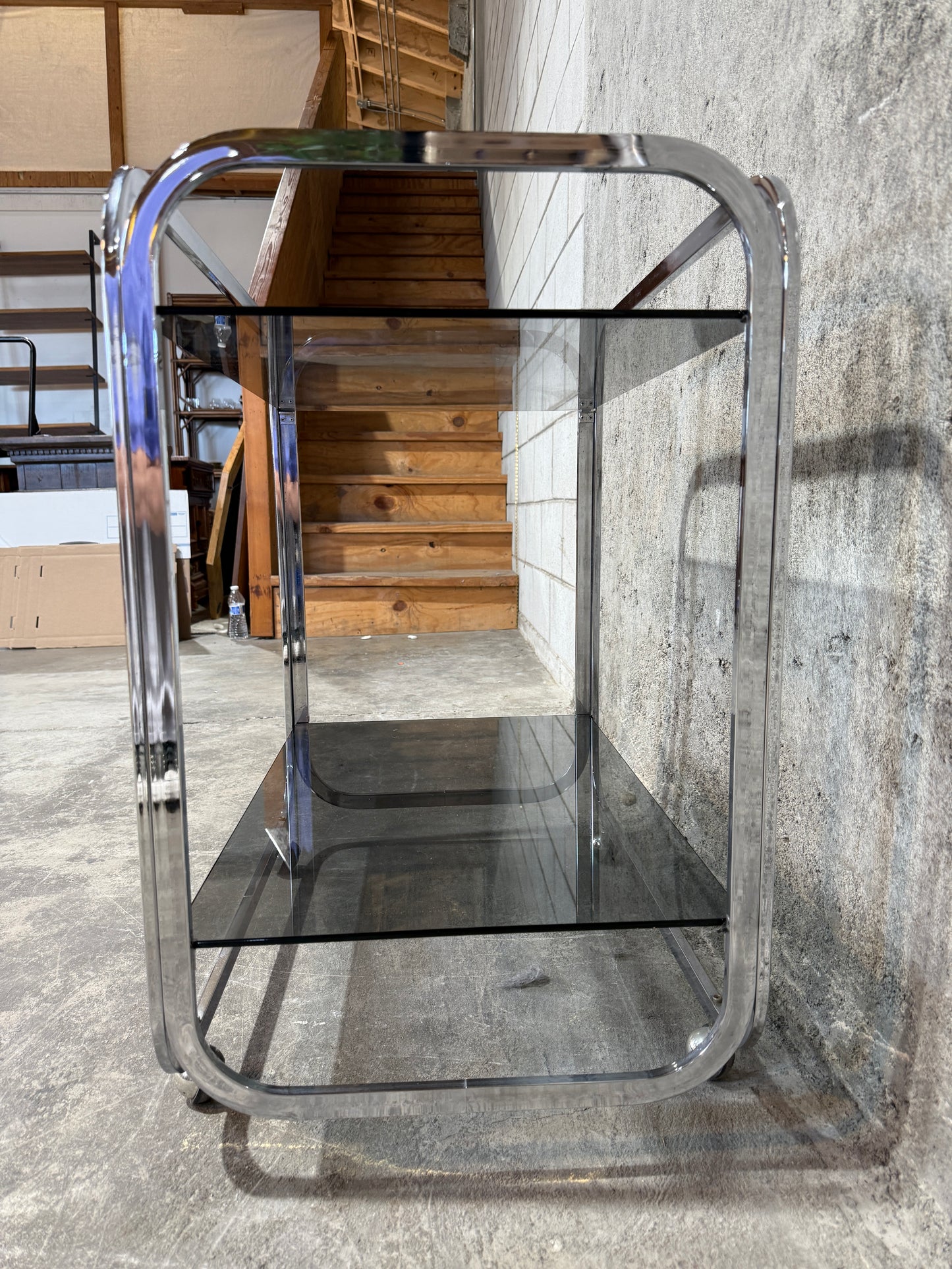 1970s Chrome & Smoke Gray Glass MCM Bar Cart / Serving Trolle