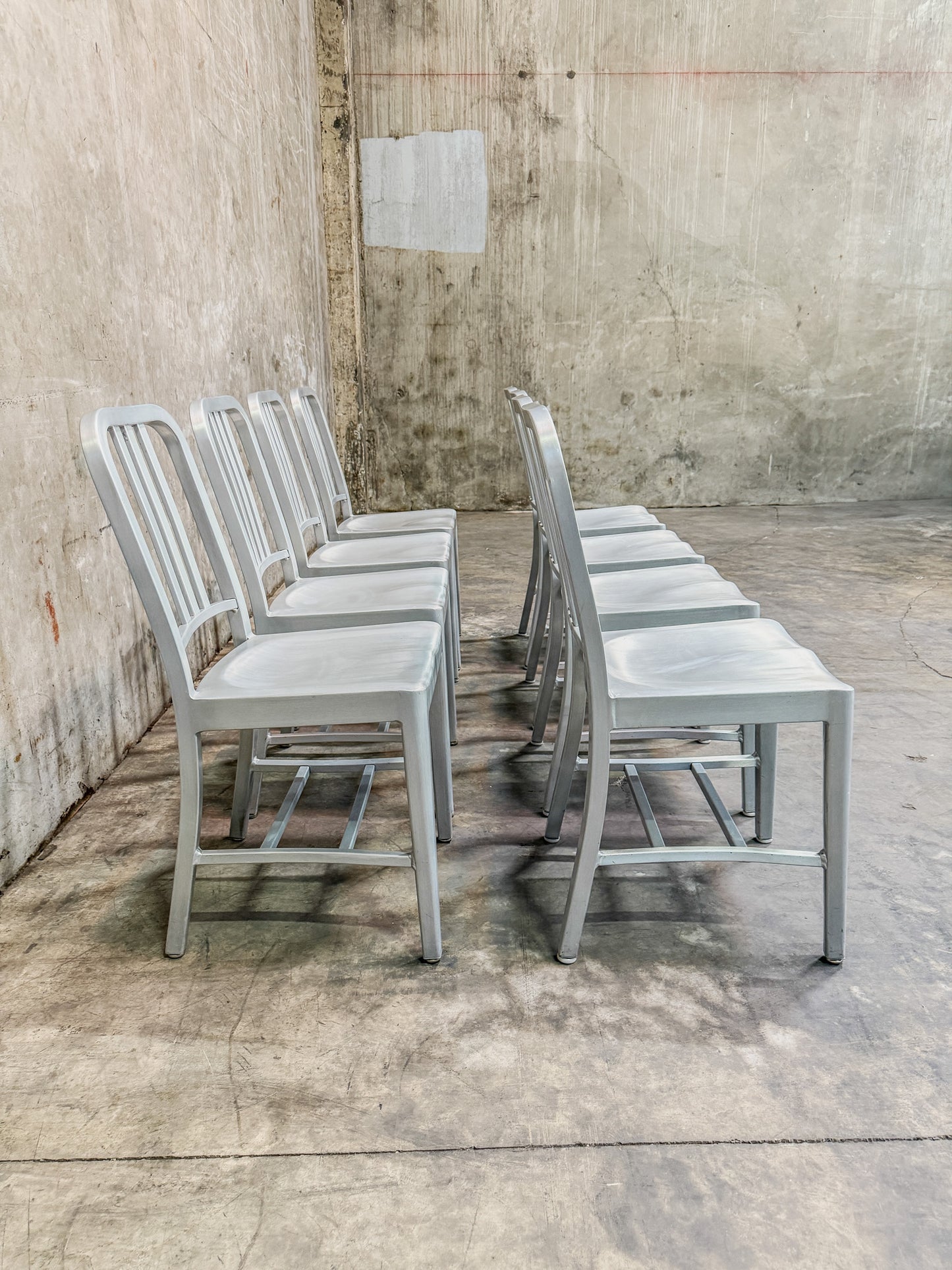 Rare Set of 8 Vintage (Pre-1990) Emeco 1006 Aluminum Navy Chairs - Excellent Condition!