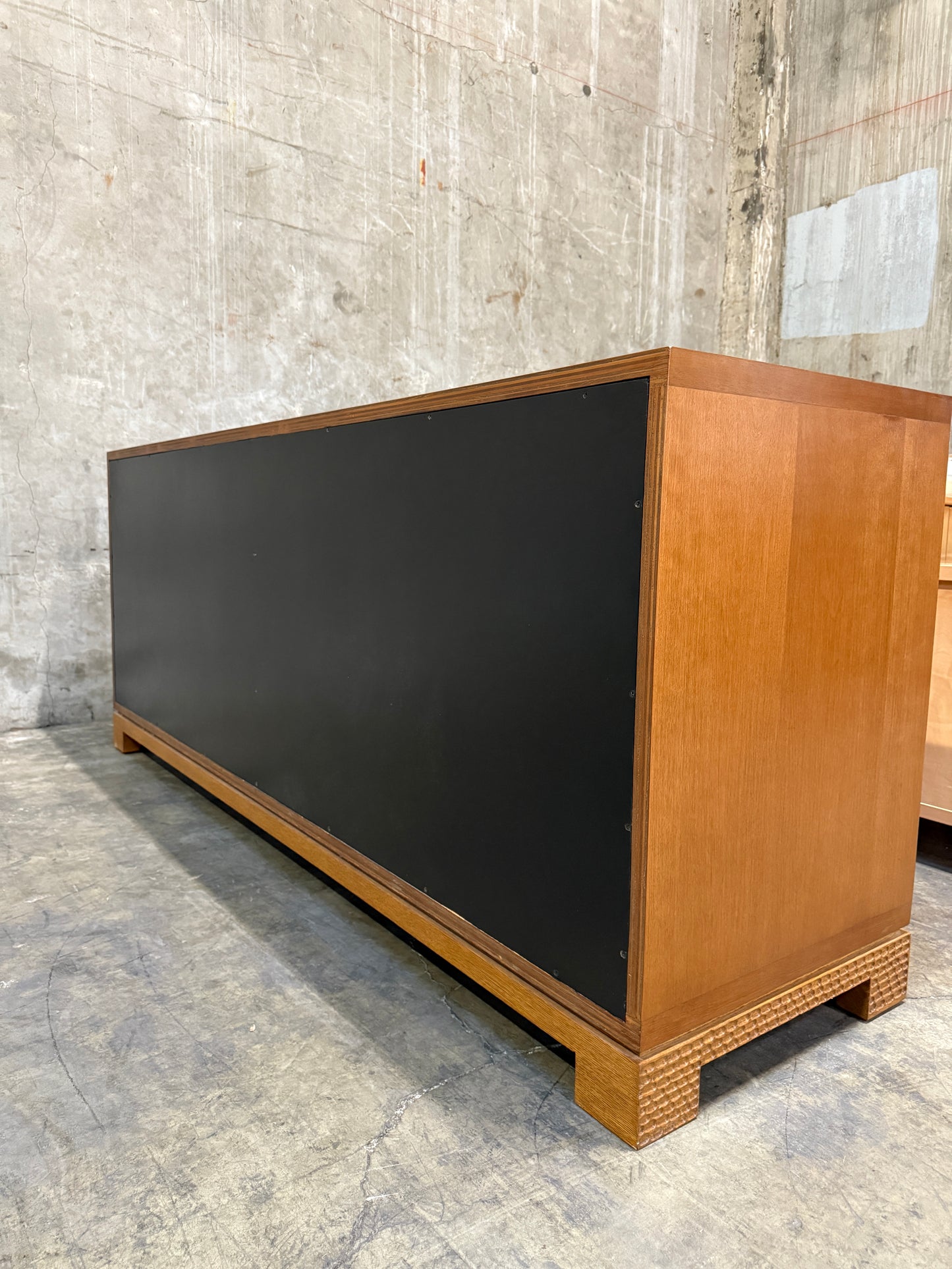 Edmund Spence-Style Wave Front Dresser – Leather Upholstered 8-Drawer Modernist Hardwood Credenza, 84"