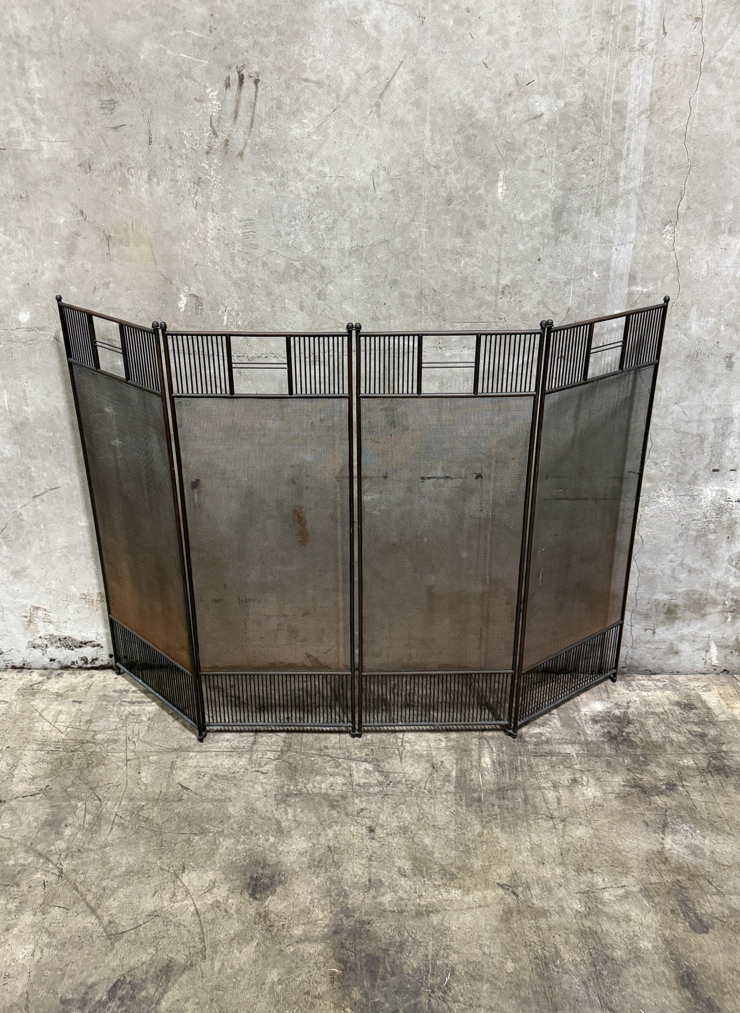 Vintage 1950s Wrought Iron 4-Panel Fireplace Screen – Mid-Century Modern Architectural Mesh Design, 57” Wide