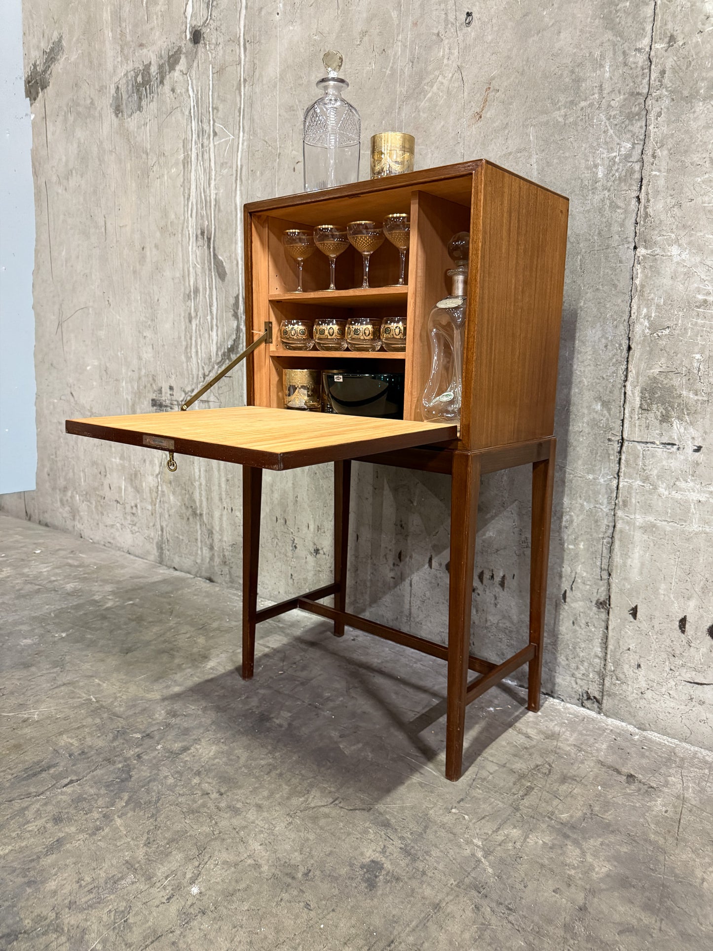 Frits Henningsen Danish Teak Drop-Front Bar Cabinet – 1940s Mid-Century Secretary (38” Tall)