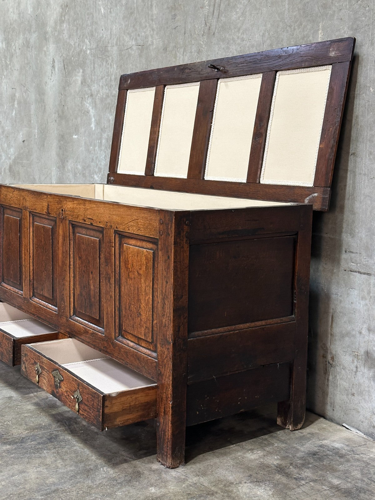 18th C English Oak Mule Chest George III Blanket Chest Paneled 54.5”