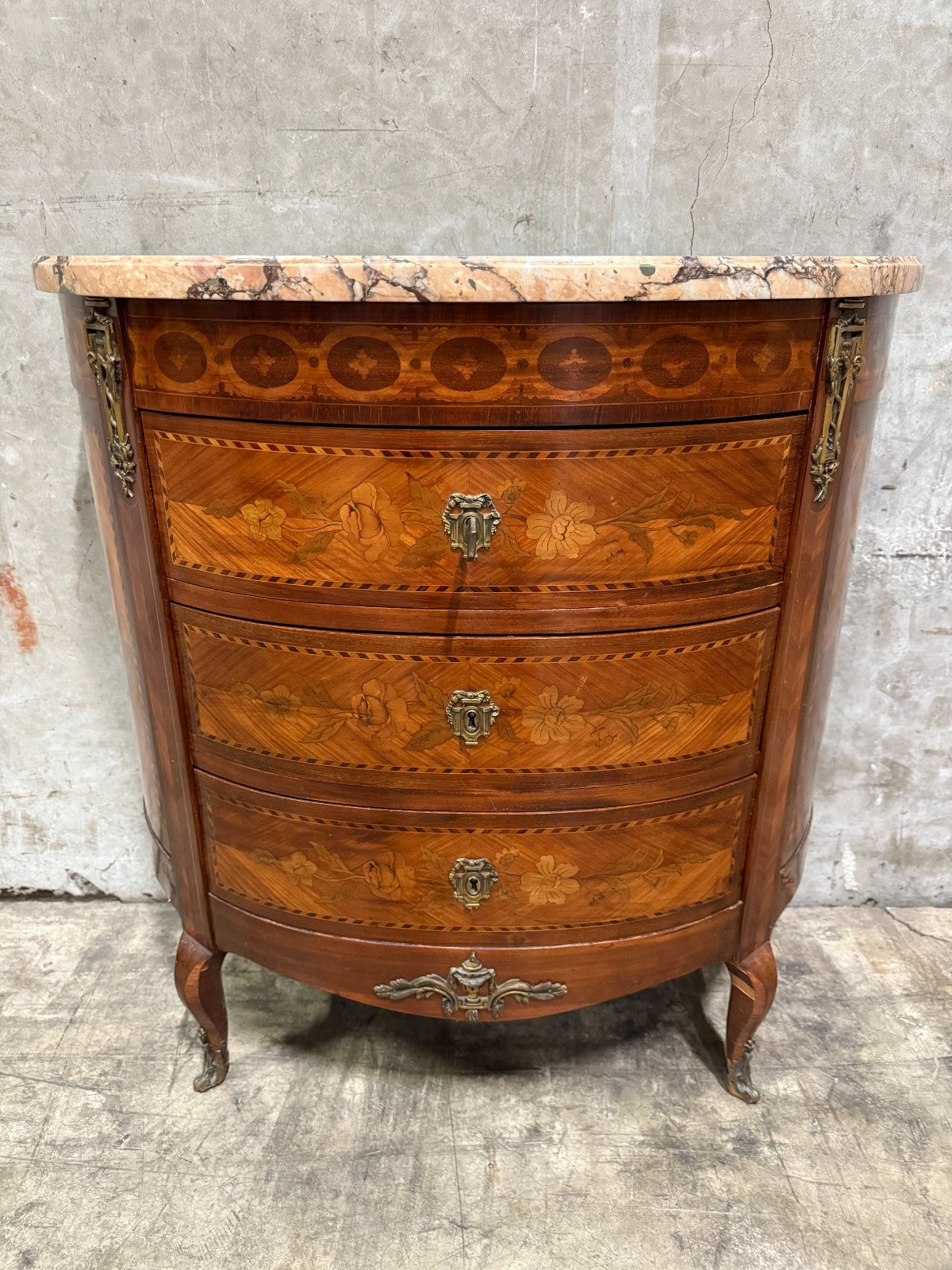 Antique French Louis XV Style Demilune Commode With Marble Top, Marquetry Inlay