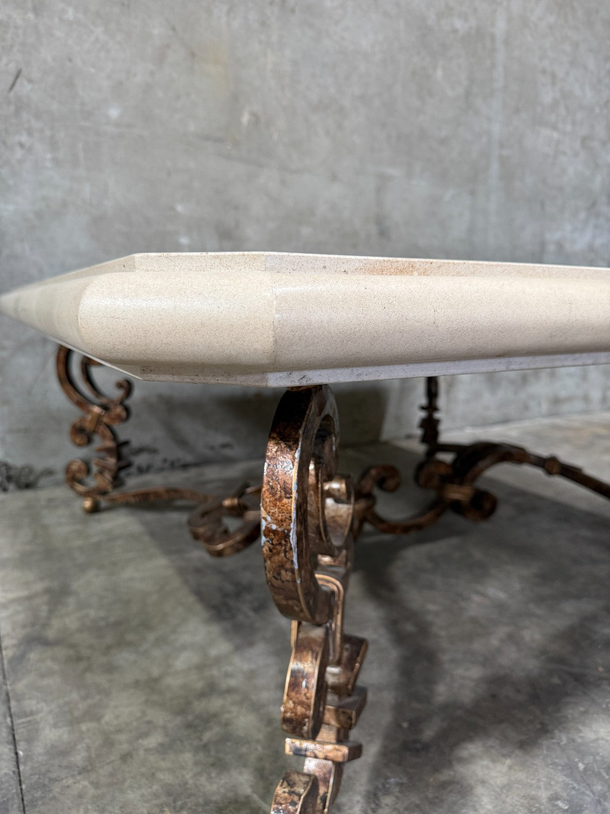 Kreiss Magellan Square Travertine Coffee Table 50.75" Wrought Iron Base
