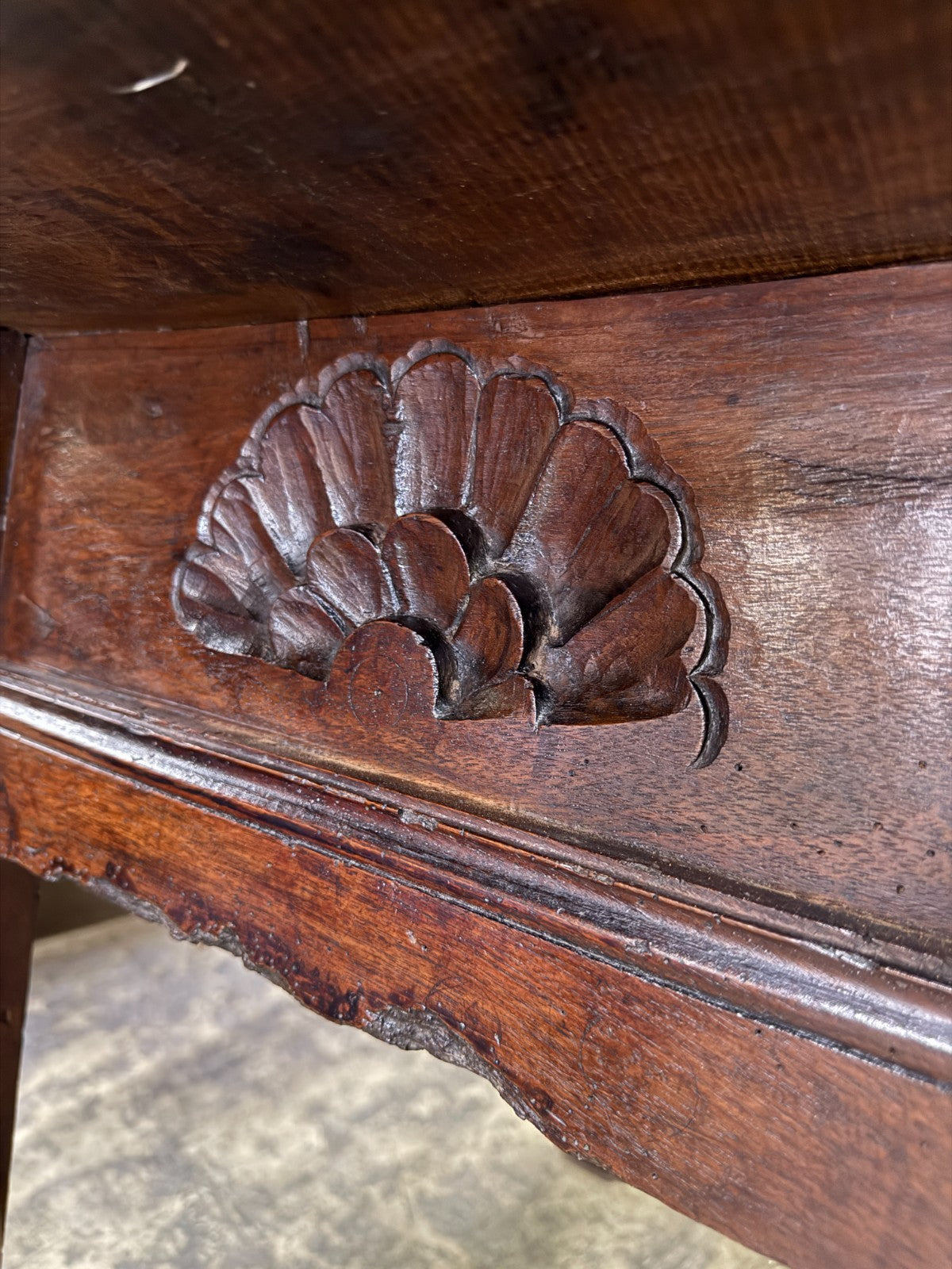 18th C. Spanish Beautifully Rustic Carved-Wood Trestle-Leg Table with Drawer