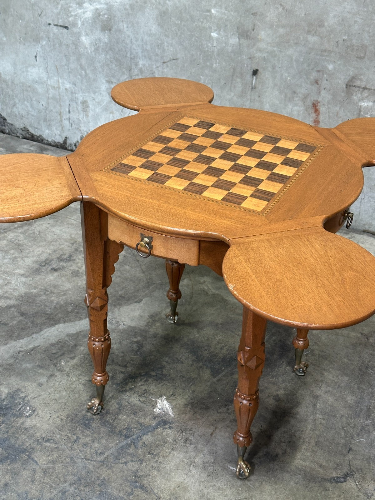 Antique Drop Leaf Game Table Chess Board Top Carved Legs Claw Feet