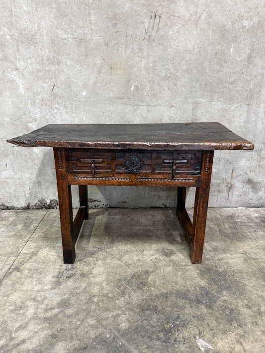 18th C. Spanish Beautifully Rustic Carved-Wood Trestle-Leg Table with Drawer