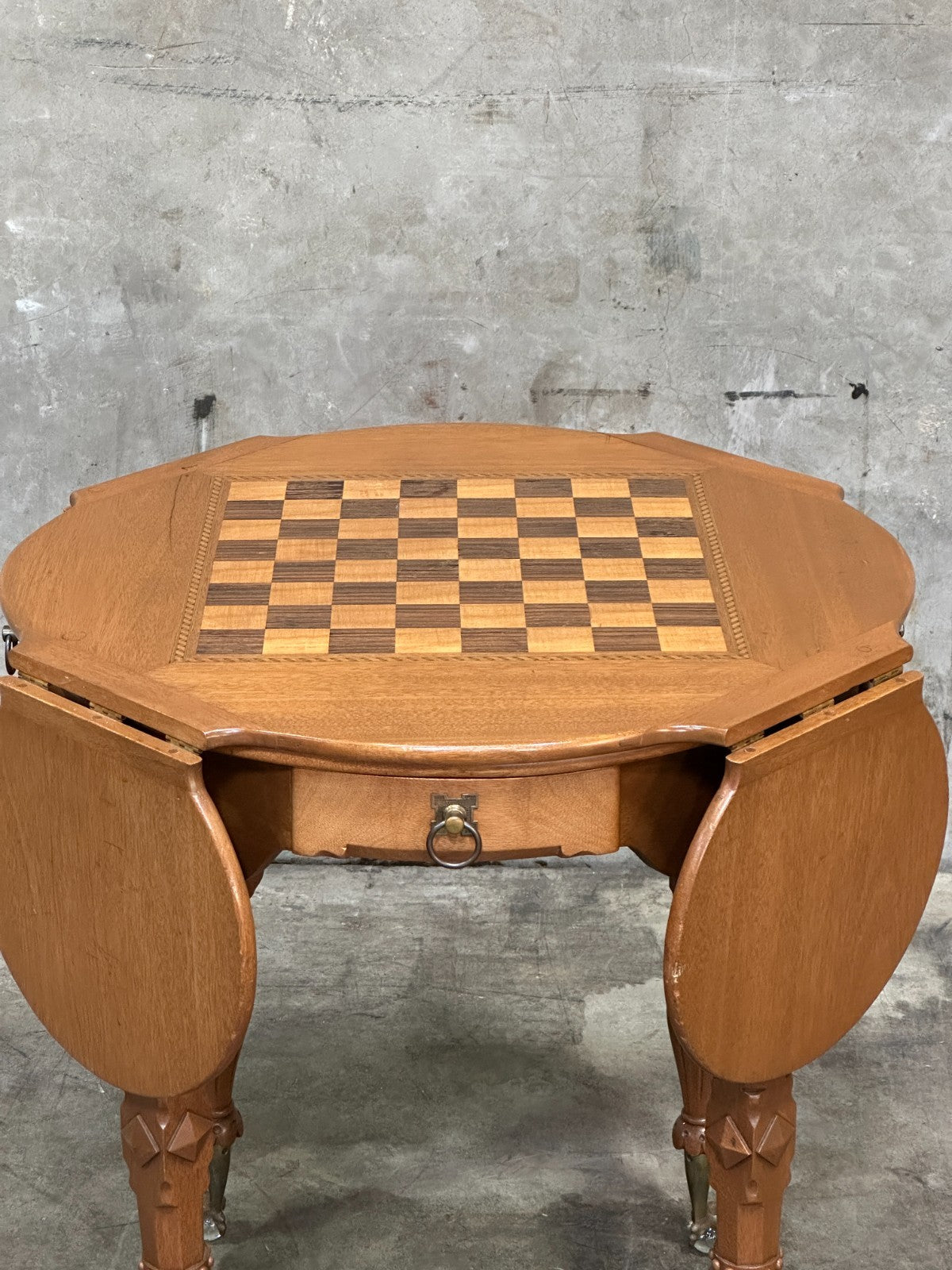 Antique Drop Leaf Game Table Chess Board Top Carved Legs Claw Feet