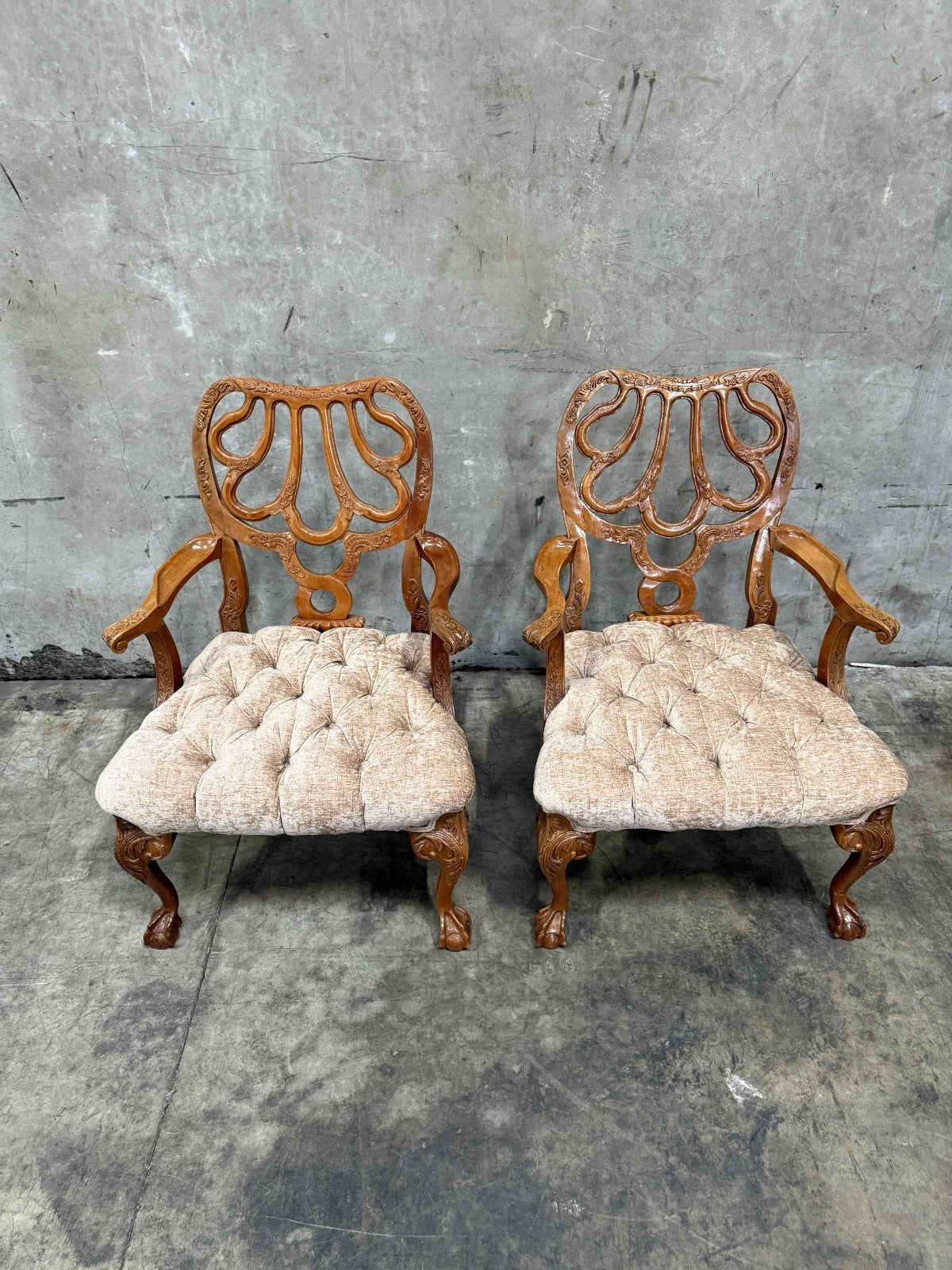 Exquisite Antique Late Victorian Rococo Revival Carved Walnut Armchairs - Pair