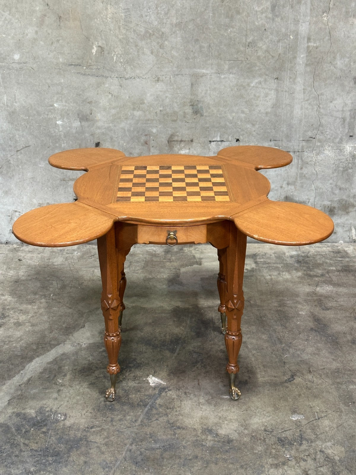 Antique Drop Leaf Game Table Chess Board Top Carved Legs Claw Feet