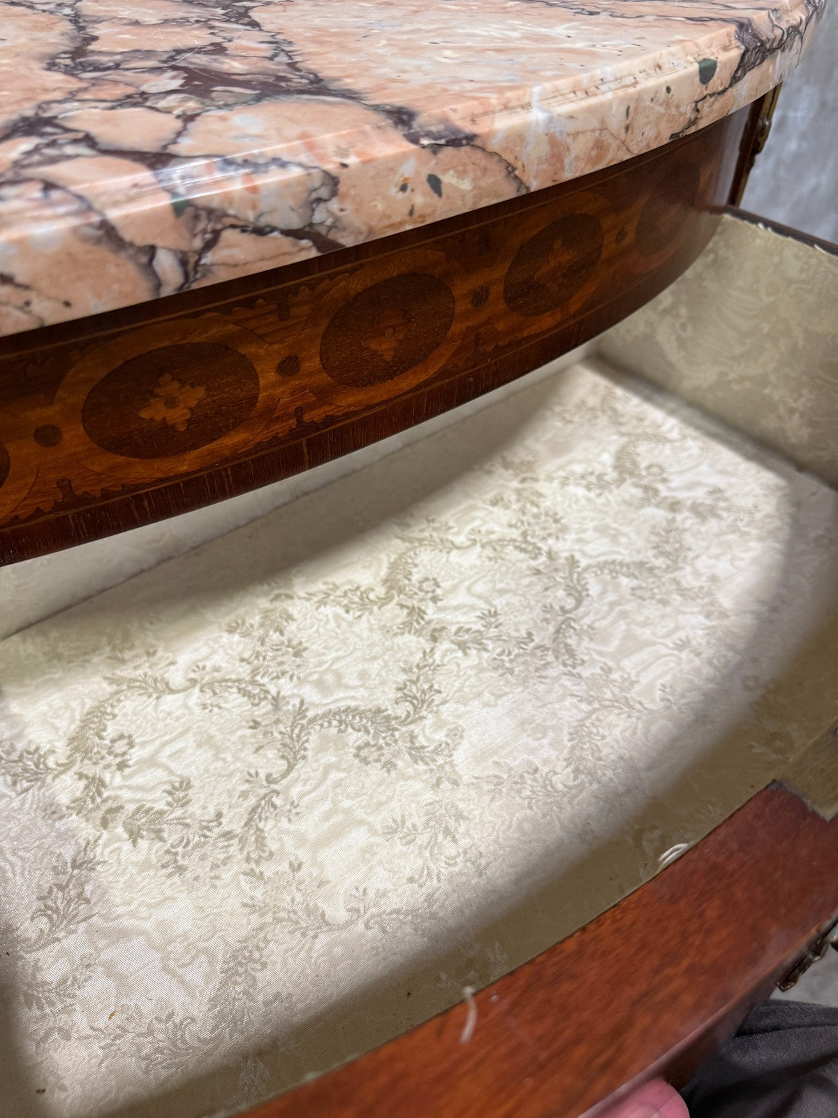 Antique French Louis XV Style Demilune Commode With Marble Top, Marquetry Inlay