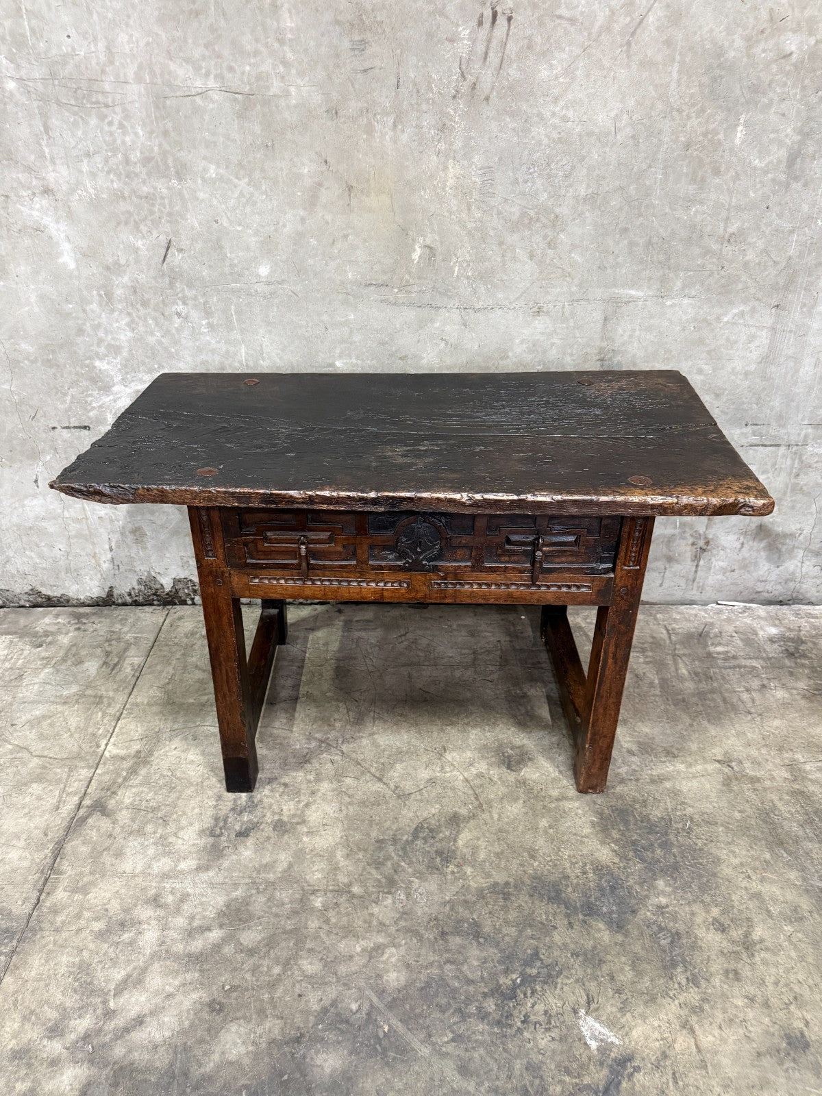 18th C. Spanish Beautifully Rustic Carved-Wood Trestle-Leg Table with Drawer