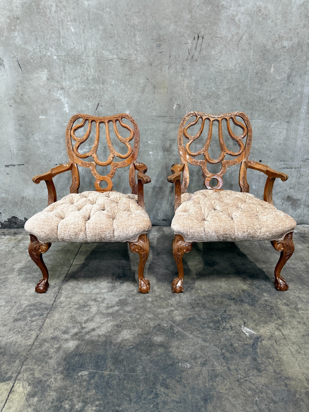 Exquisite Antique Late Victorian Rococo Revival Carved Walnut Armchairs - Pair
