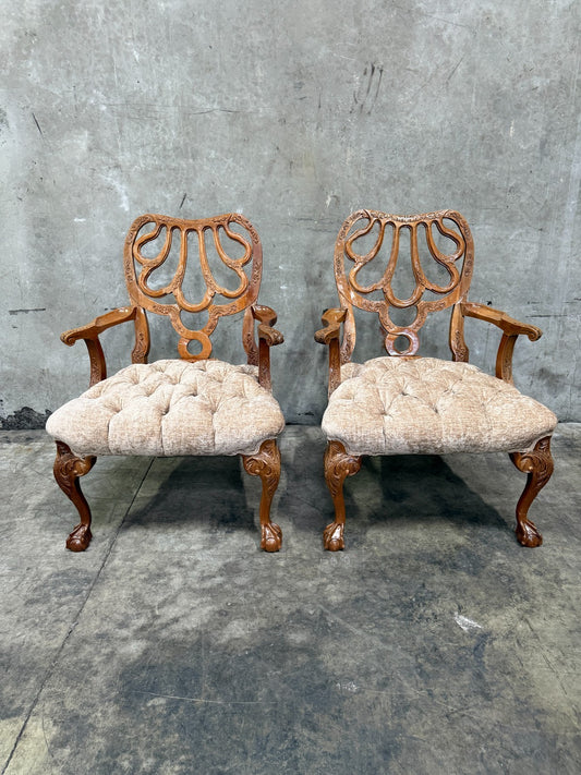 Exquisite Antique Late Victorian Rococo Revival Carved Walnut Armchairs - Pair