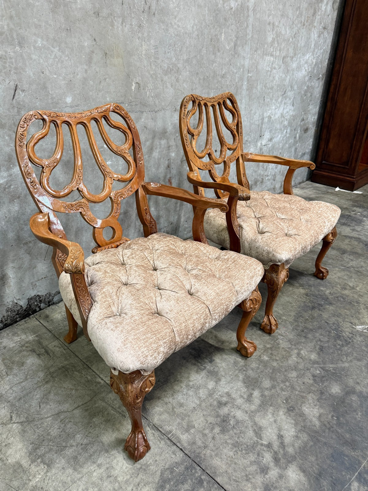 Exquisite Antique Late Victorian Rococo Revival Carved Walnut Armchairs - Pair