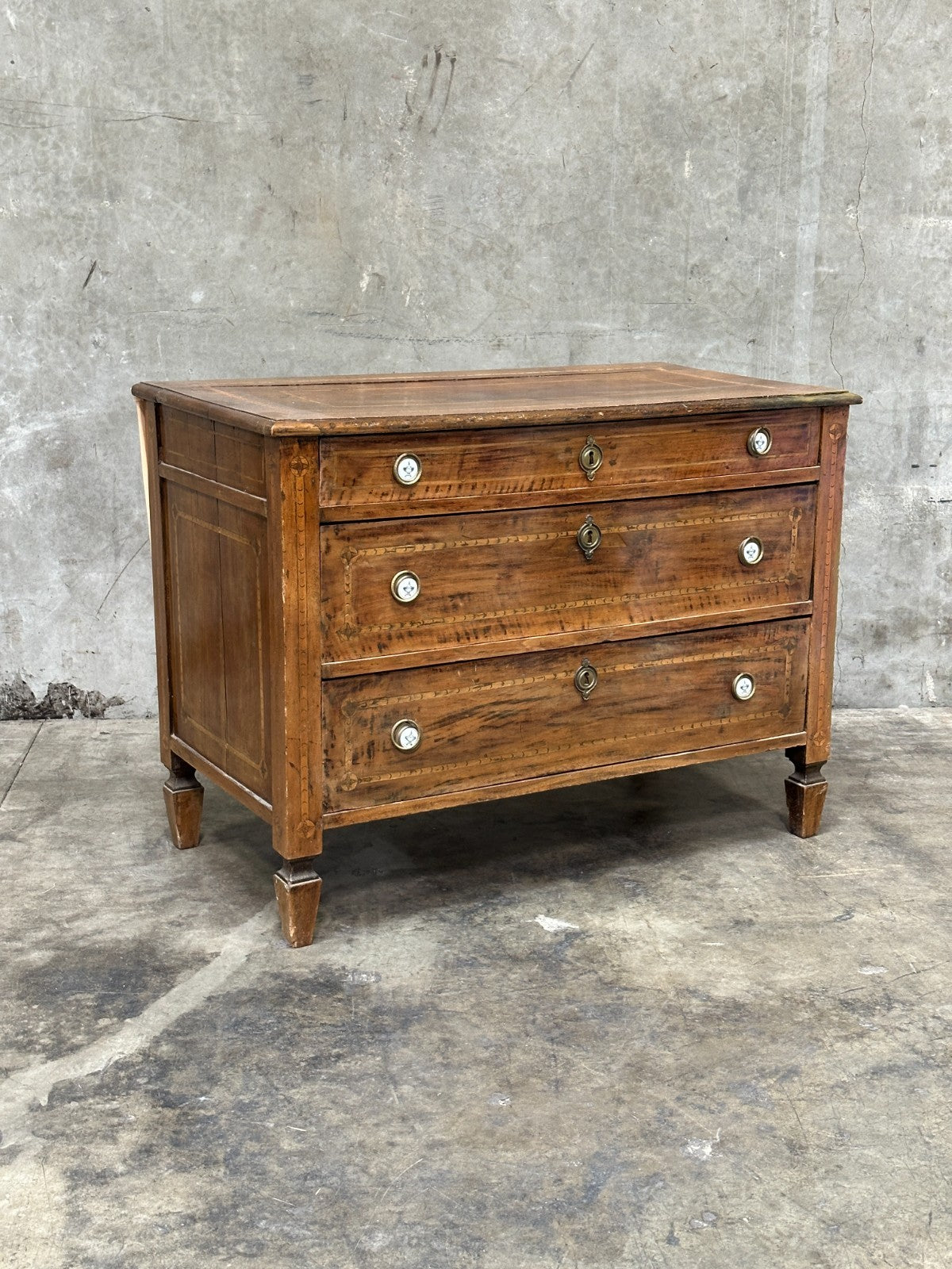 19th Century Italian Neoclassical Walnut Commode Inlay 3 Drawer Chest