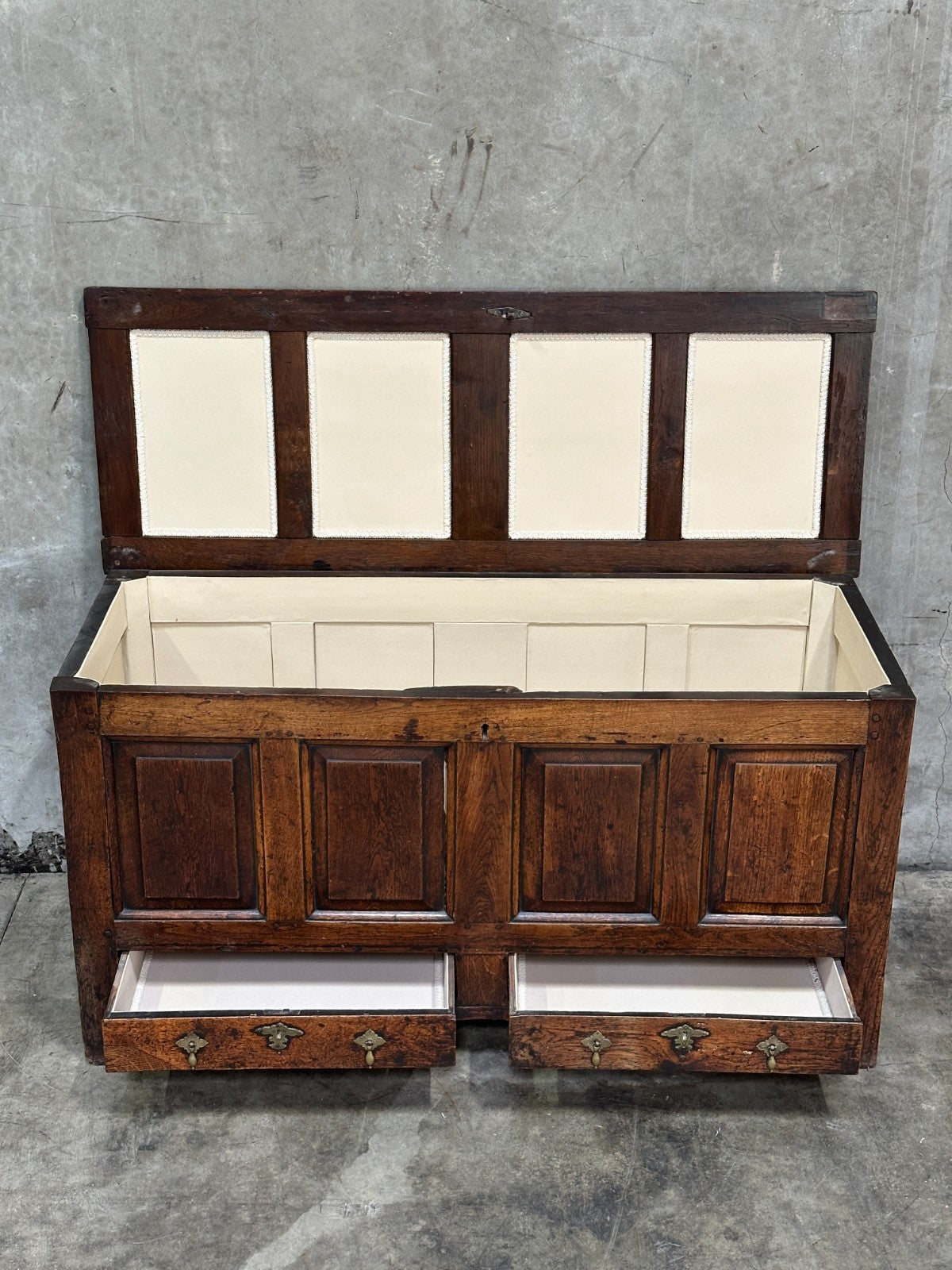 18th C English Oak Mule Chest George III Blanket Chest Paneled 54.5”