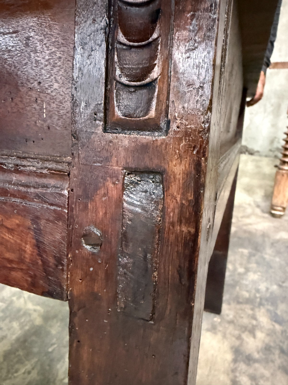 18th C. Spanish Beautifully Rustic Carved-Wood Trestle-Leg Table with Drawer