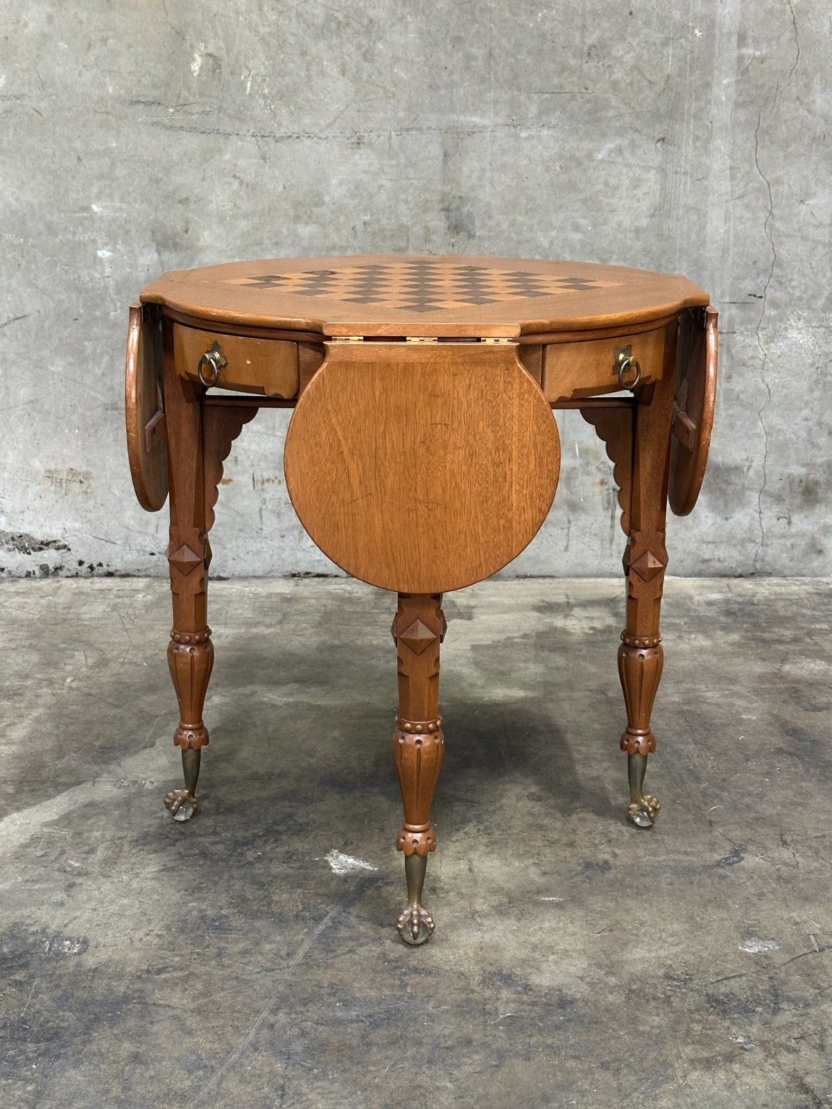 Antique Drop Leaf Game Table Chess Board Top Carved Legs Claw Feet