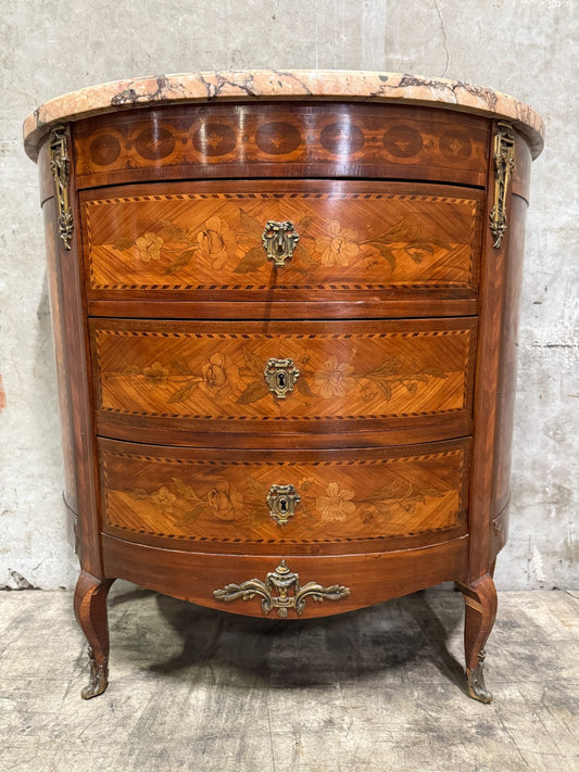 Antique French Louis XV Style Demilune Commode With Marble Top, Marquetry Inlay