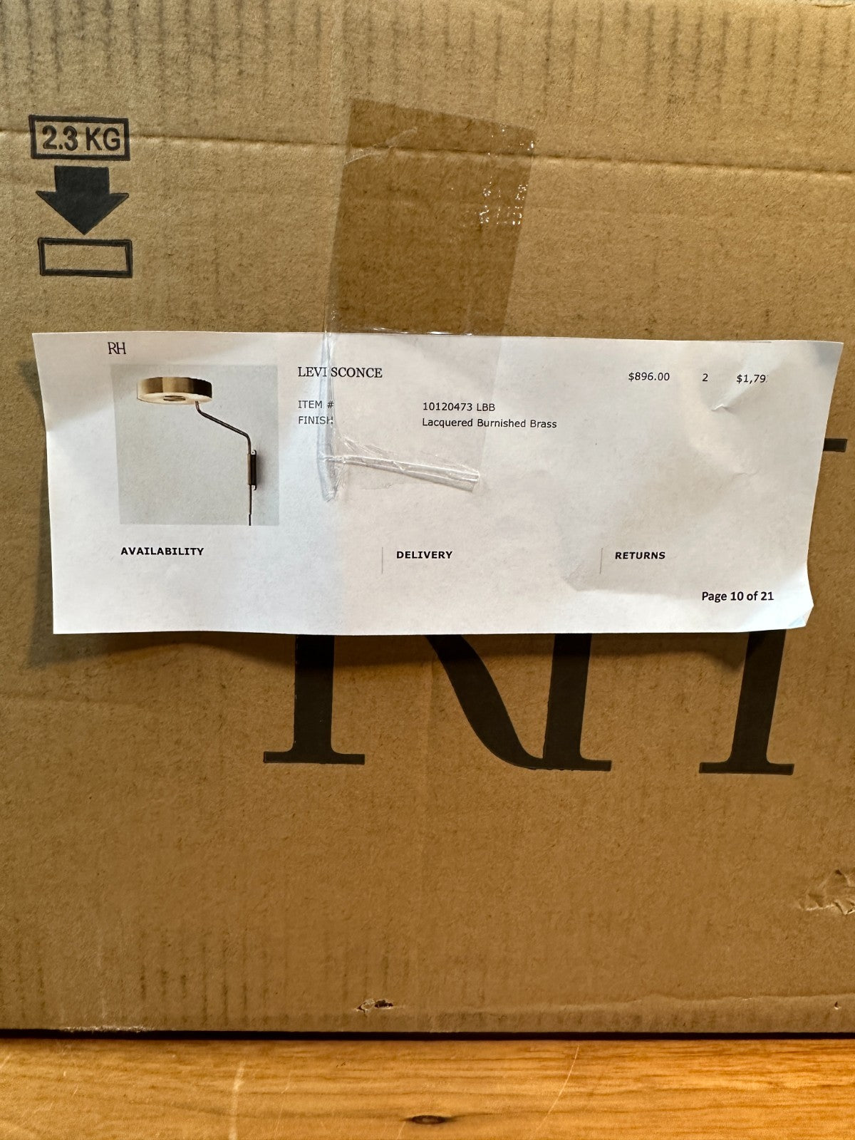 New RH Restoration Hardware Levi Sconce Lacquered Burnished Brass Wall Lamp