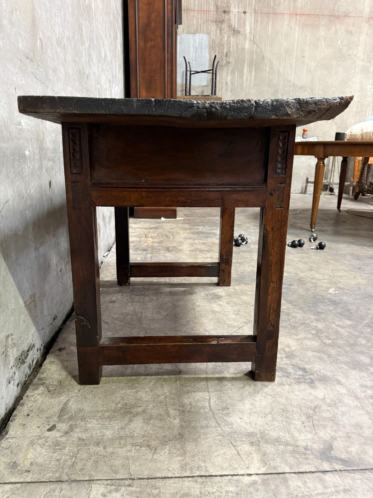 18th C. Spanish Beautifully Rustic Carved-Wood Trestle-Leg Table with Drawer
