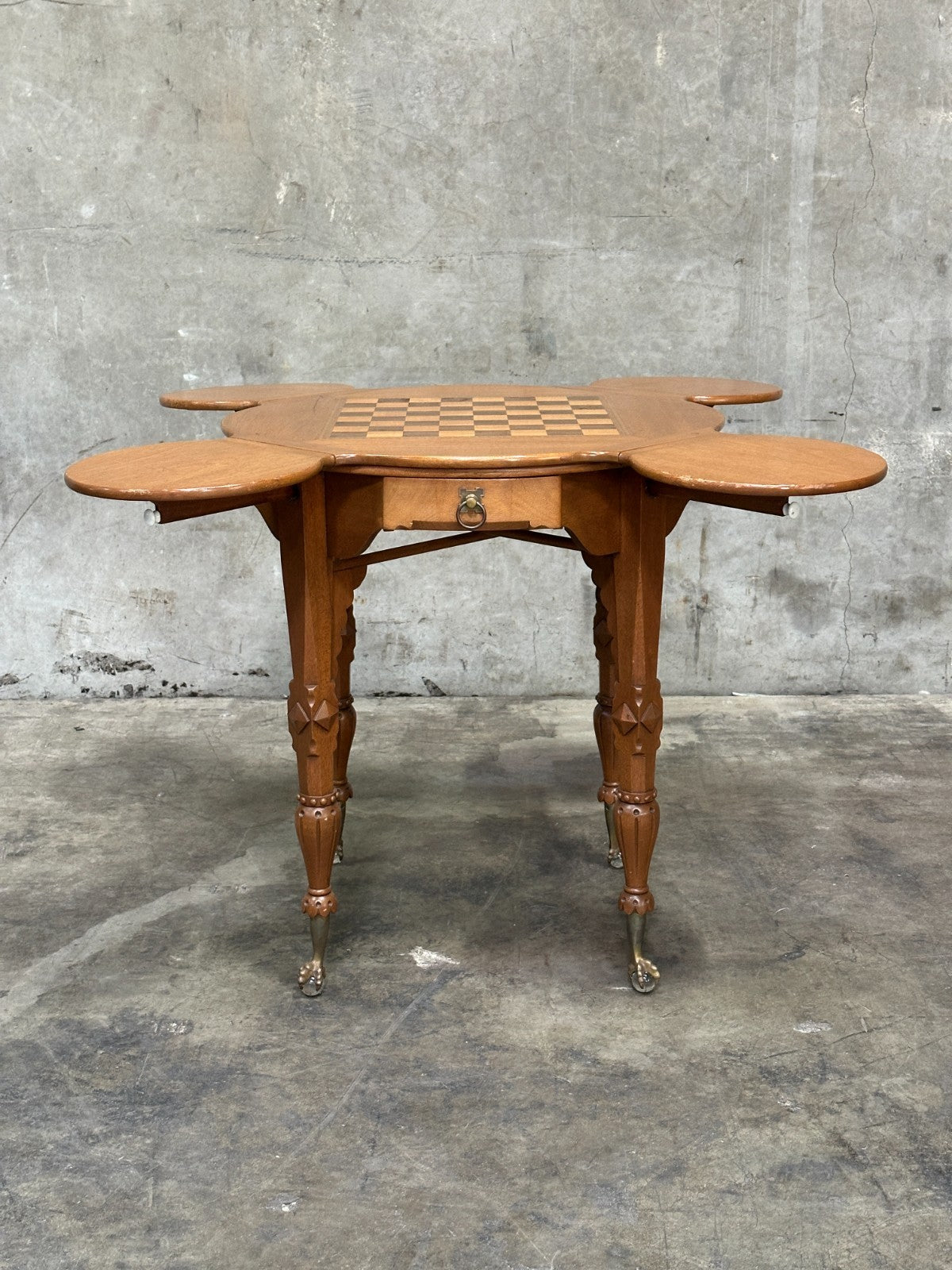 Antique Drop Leaf Game Table Chess Board Top Carved Legs Claw Feet