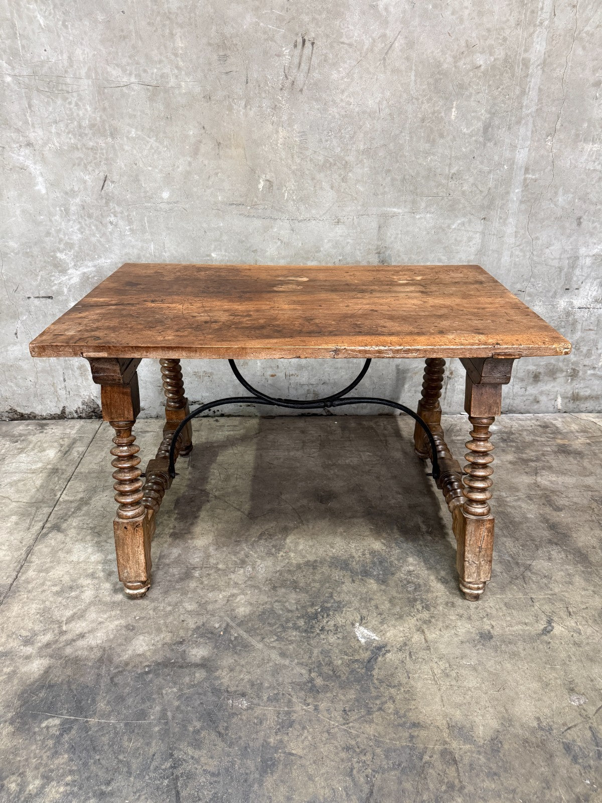 19th Century Spanish Walnut Center Table with Iron Stretcher Support Turned Legs