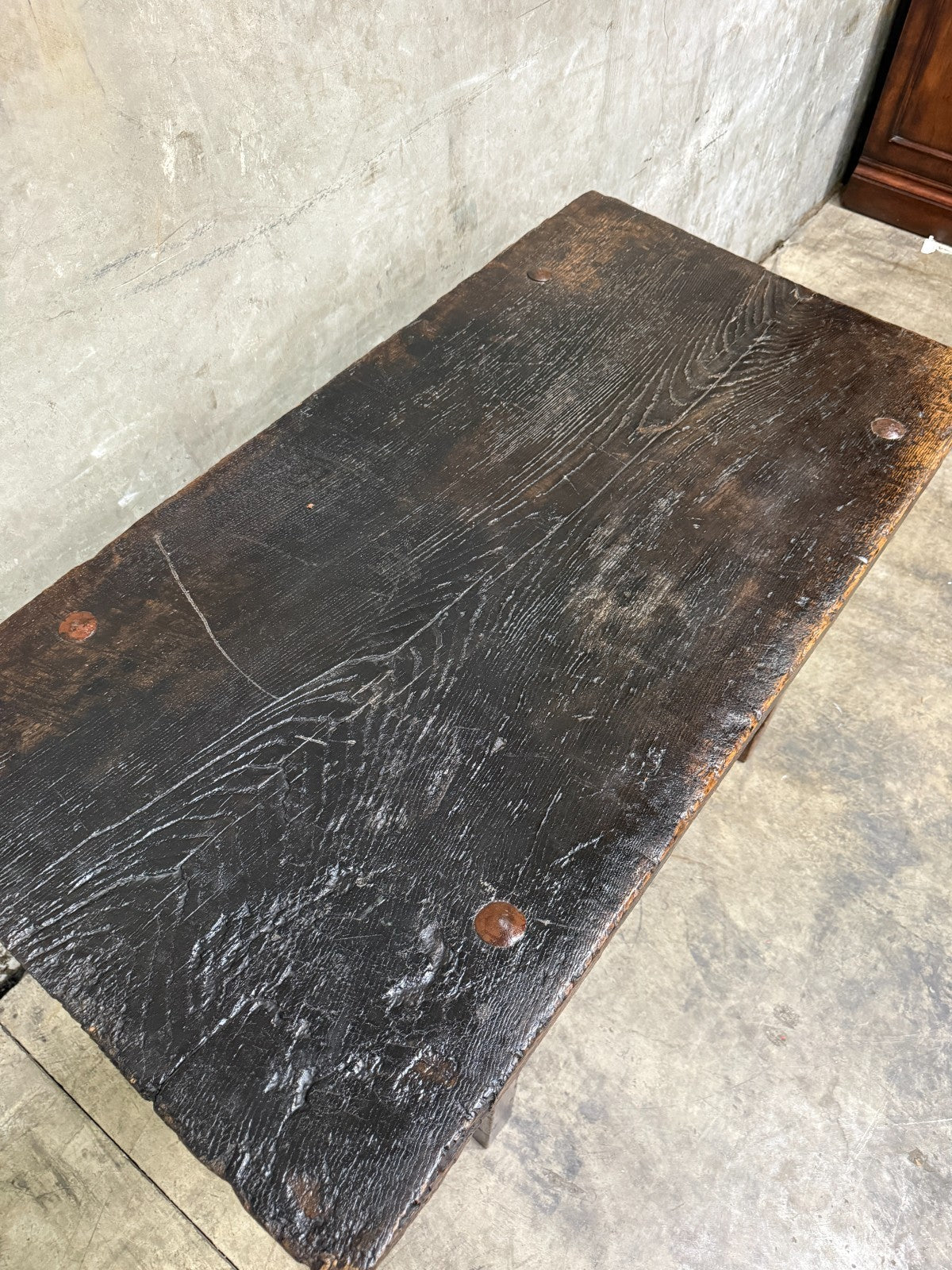 18th C. Spanish Beautifully Rustic Carved-Wood Trestle-Leg Table with Drawer