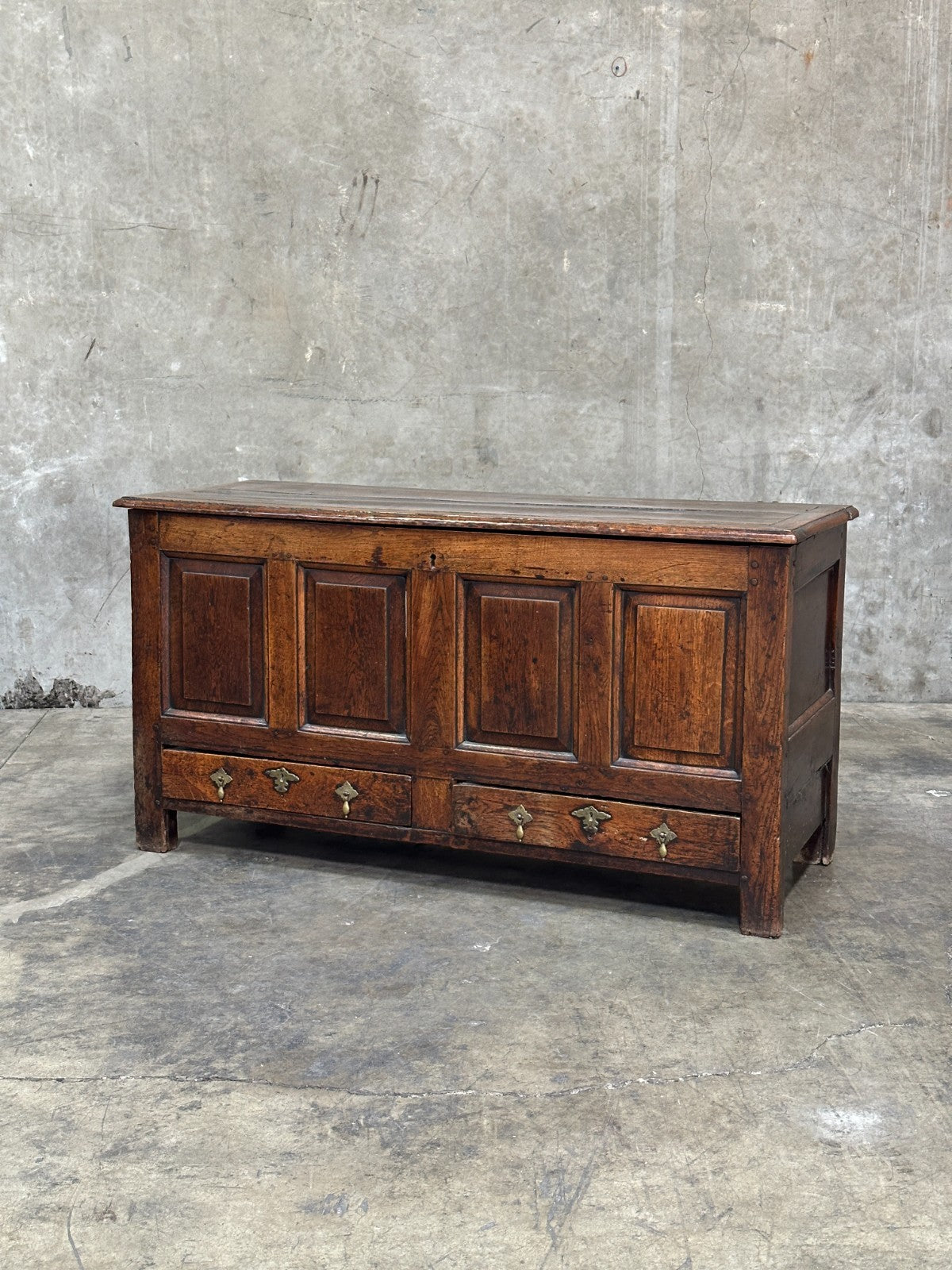 18th C English Oak Mule Chest George III Blanket Chest Paneled 54.5”