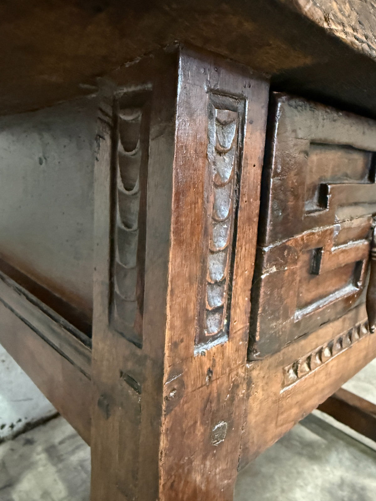 18th C. Spanish Beautifully Rustic Carved-Wood Trestle-Leg Table with Drawer