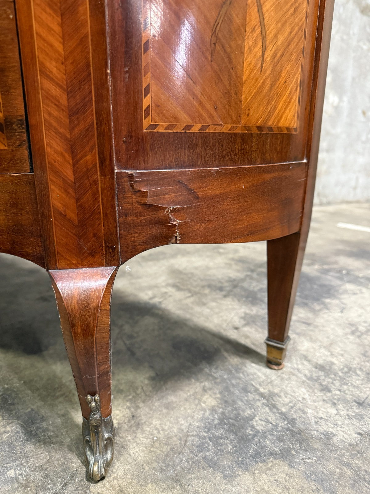 Antique French Louis XV Style Demilune Commode With Marble Top, Marquetry Inlay