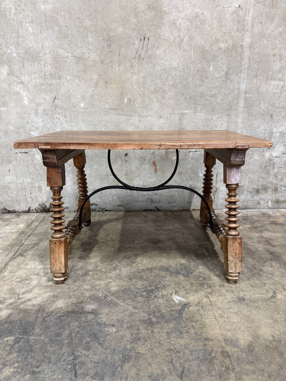 19th Century Spanish Walnut Center Table with Iron Stretcher Support Turned Legs