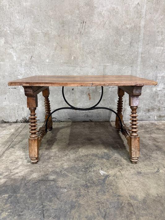 19th Century Spanish Walnut Center Table with Iron Stretcher Support Turned Legs