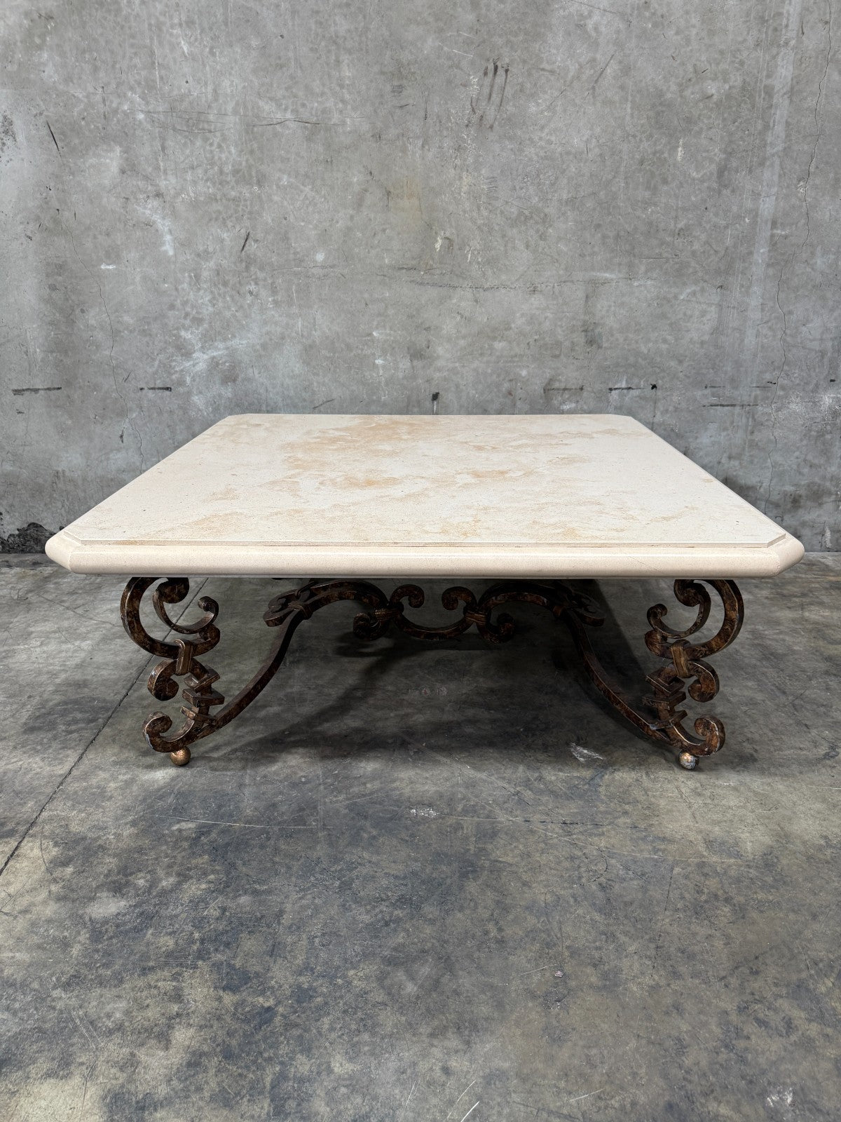 Kreiss Magellan Square Travertine Coffee Table 50.75" Wrought Iron Base
