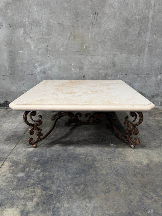 Kreiss Magellan Square Travertine Coffee Table 50.75" Wrought Iron Base