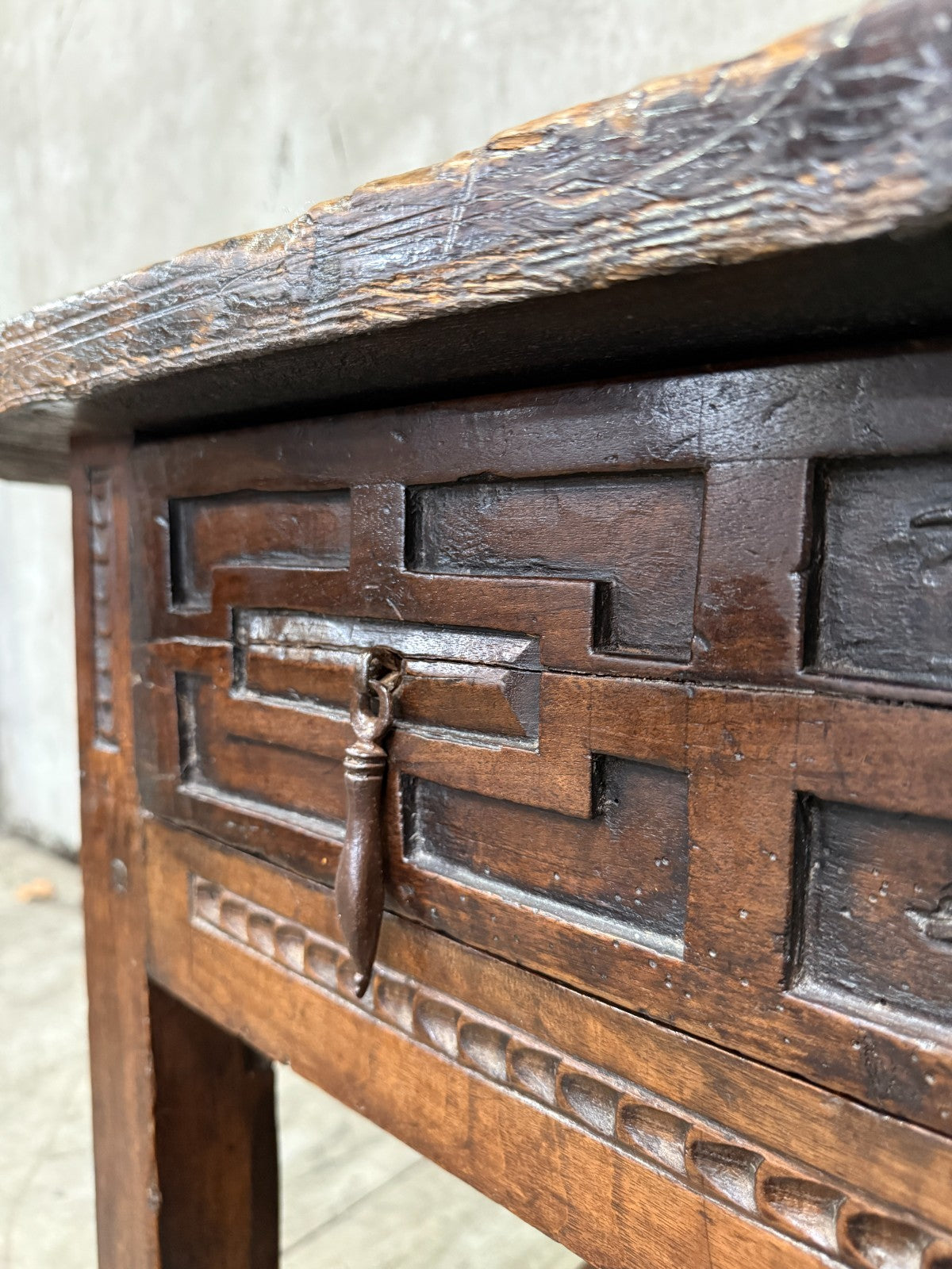 18th C. Spanish Beautifully Rustic Carved-Wood Trestle-Leg Table with Drawer