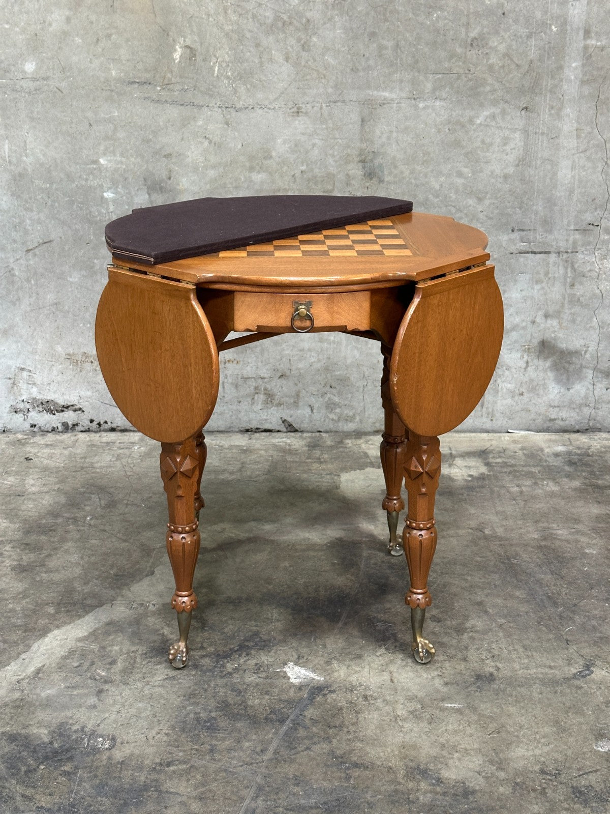 Antique Drop Leaf Game Table Chess Board Top Carved Legs Claw Feet