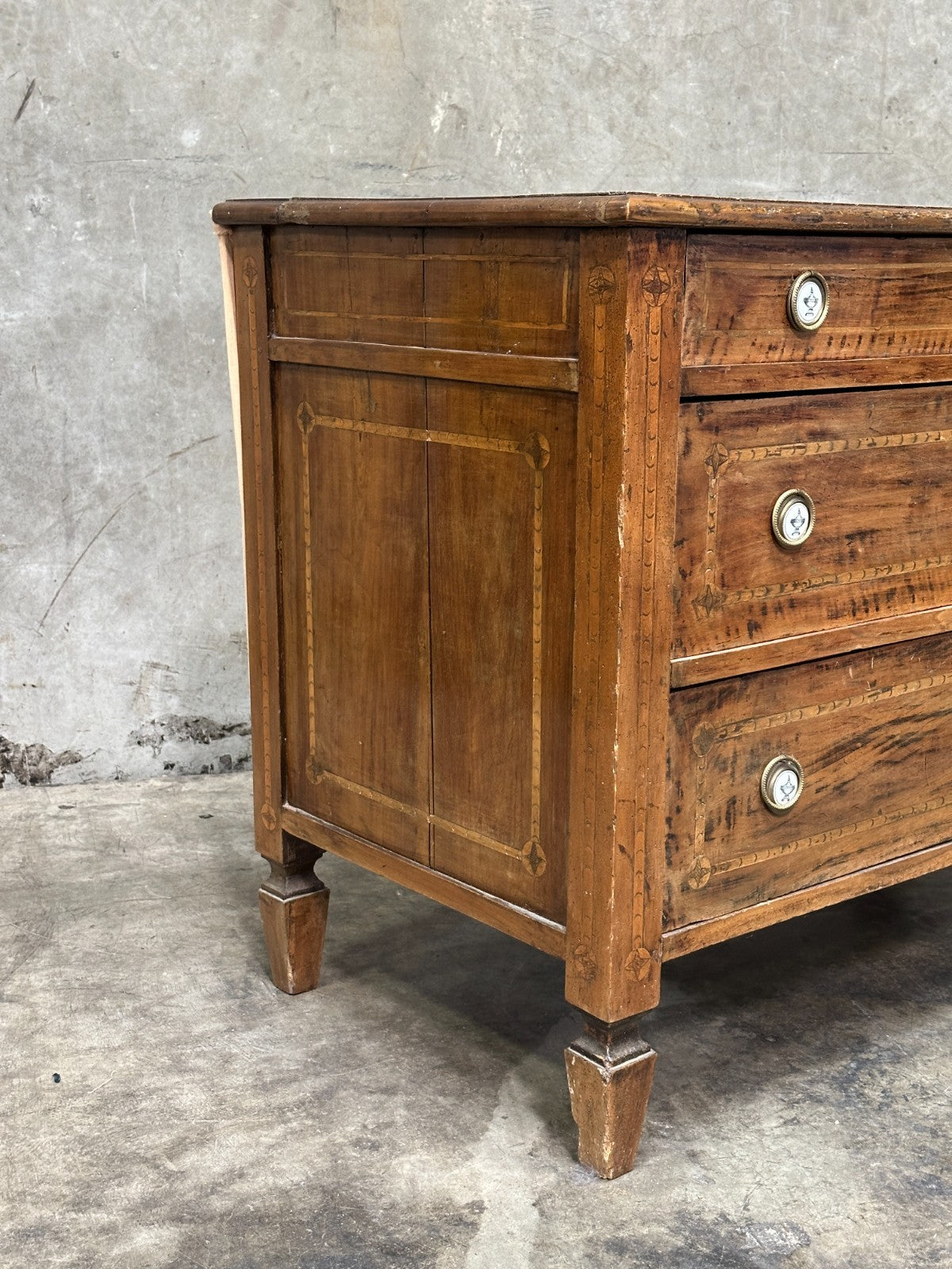 19th Century Italian Neoclassical Walnut Commode Inlay 3 Drawer Chest