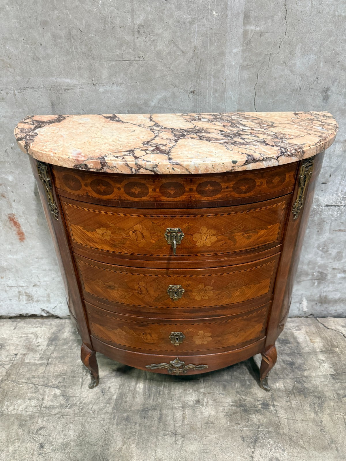 Antique French Louis XV Style Demilune Commode With Marble Top, Marquetry Inlay