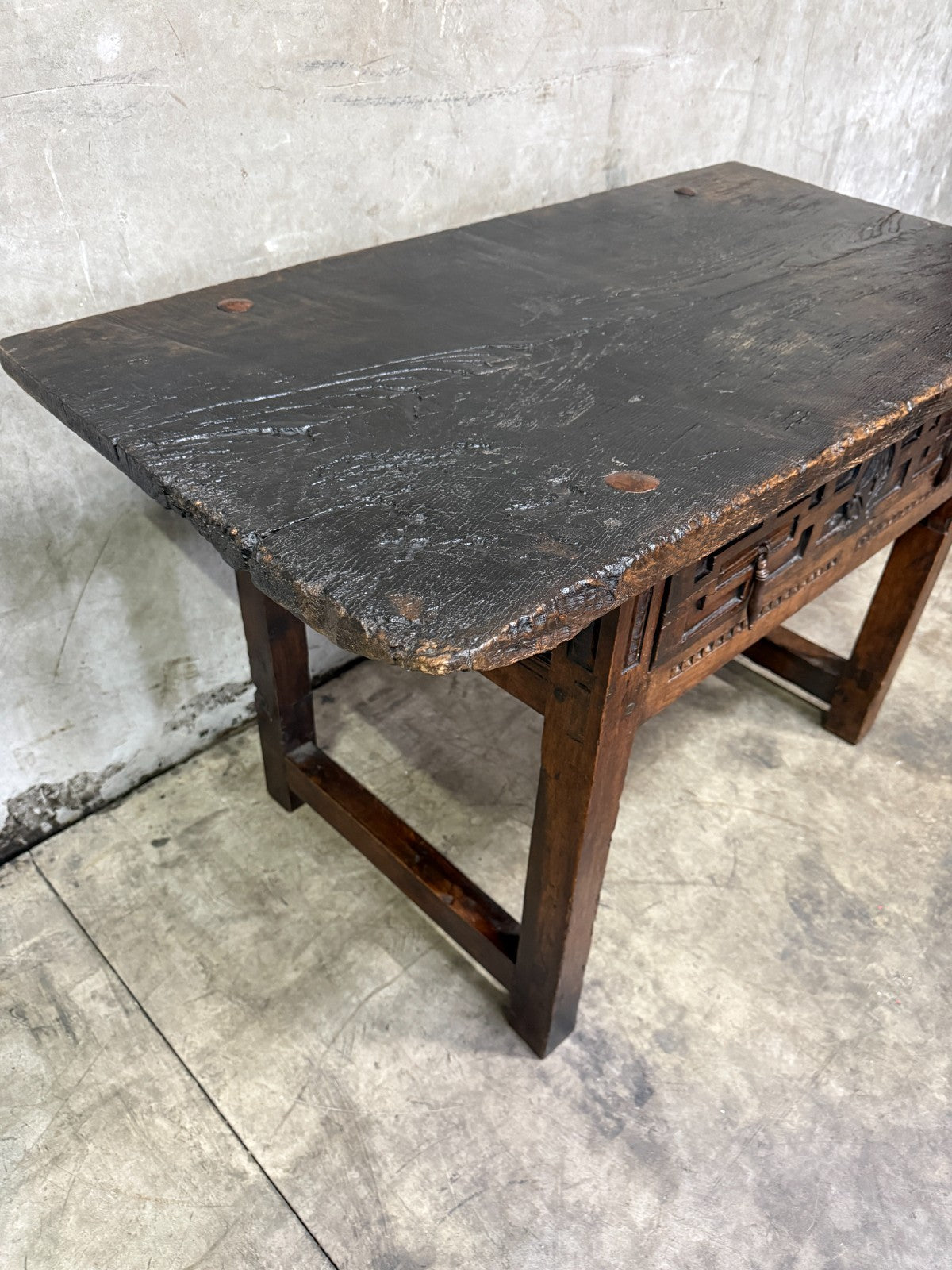 18th C. Spanish Beautifully Rustic Carved-Wood Trestle-Leg Table with Drawer