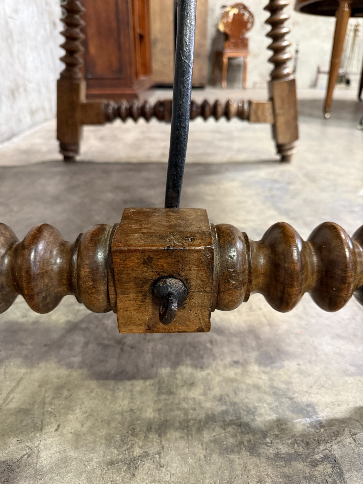 19th Century Spanish Walnut Center Table with Iron Stretcher Support Turned Legs