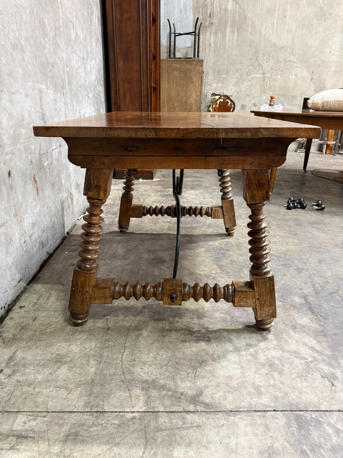 19th Century Spanish Walnut Center Table with Iron Stretcher Support Turned Legs