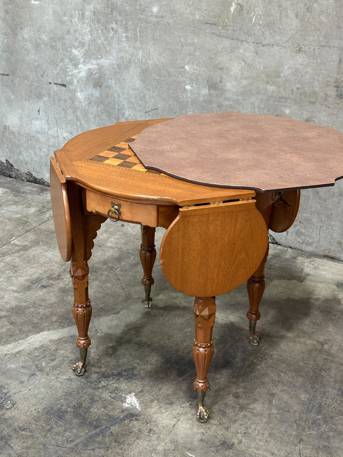 Antique Drop Leaf Game Table Chess Board Top Carved Legs Claw Feet