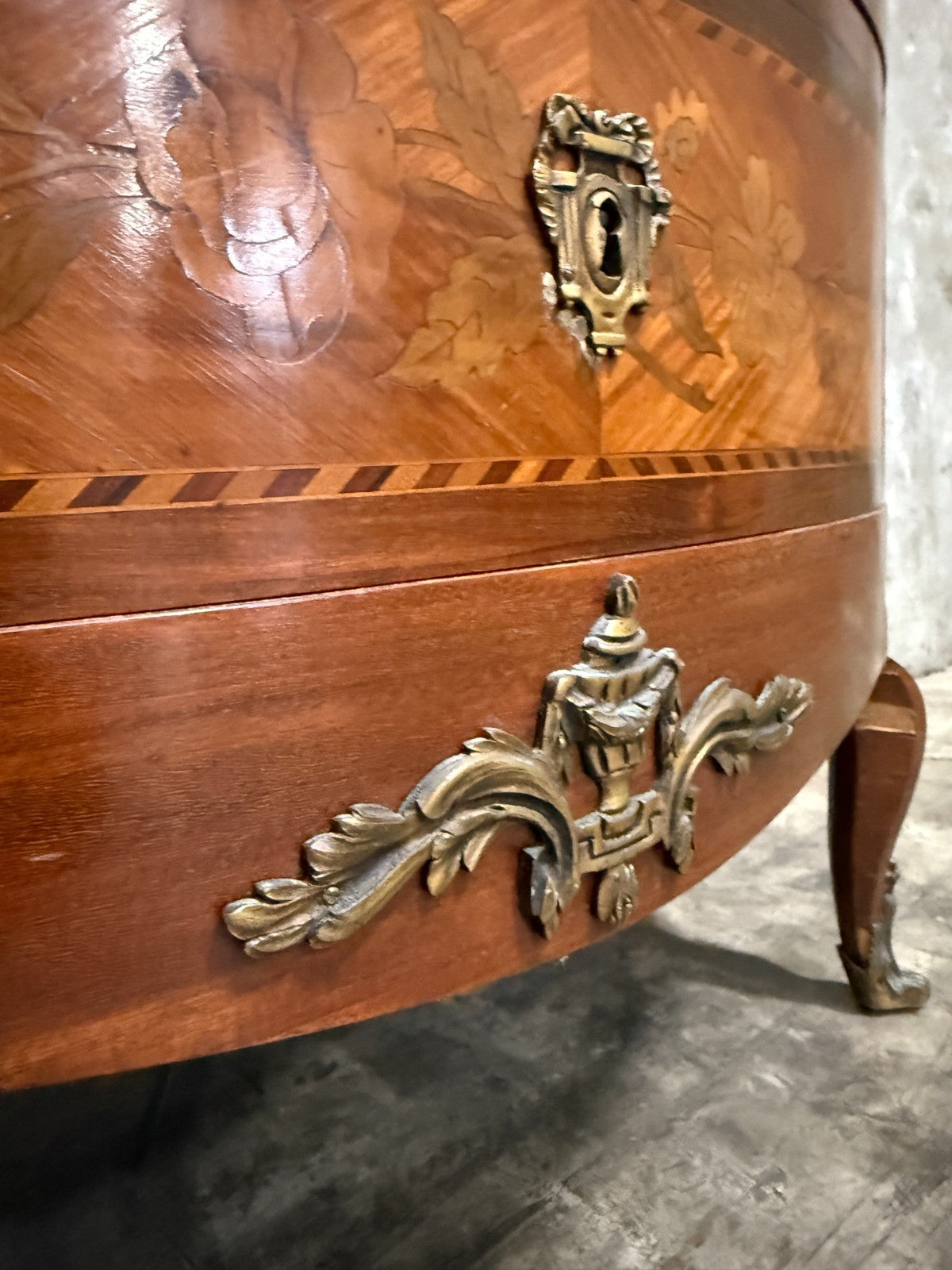 Antique French Louis XV Style Demilune Commode With Marble Top, Marquetry Inlay