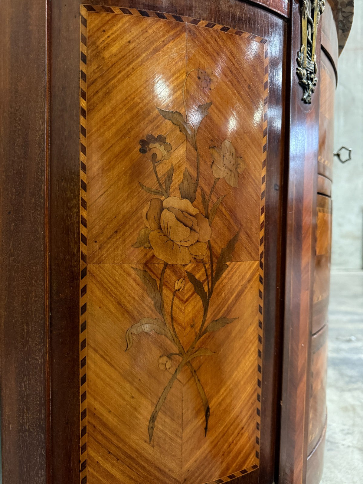 Antique French Louis XV Style Demilune Commode With Marble Top, Marquetry Inlay
