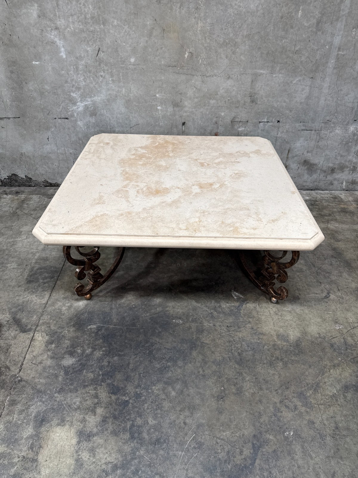 Kreiss Magellan Square Travertine Coffee Table 50.75" Wrought Iron Base