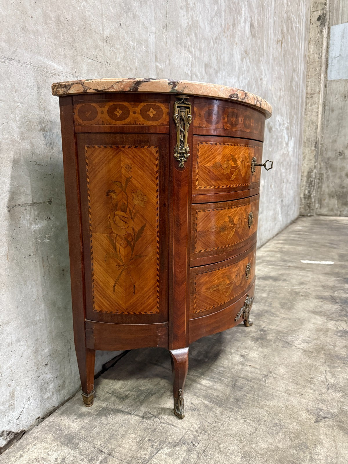 Antique French Louis XV Style Demilune Commode With Marble Top, Marquetry Inlay